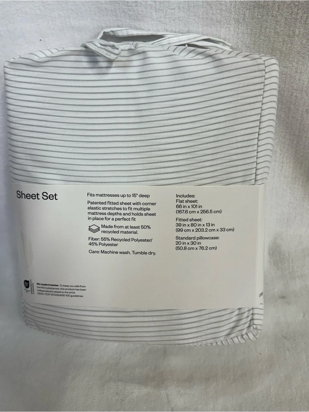 Room Essentials Twin/Twin XL White Gray Stripe Microfiber Sheet Set 3-Piece NEW